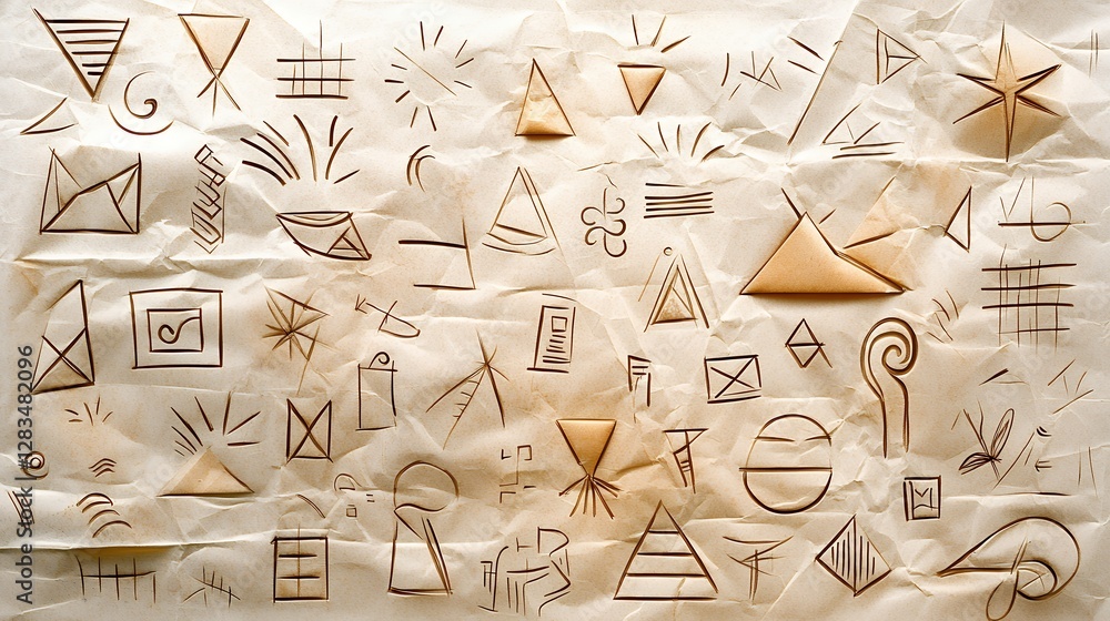 Poster abstract geometric patterns on beige crumpled paper texture background