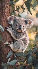 Obraz premium A baby koala clinging to a eucalyptus tree, looking curiously at the camera, soft lighting