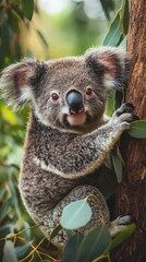 A baby koala clinging to a eucalyptus tree, looking curiously at the camera, soft lighting