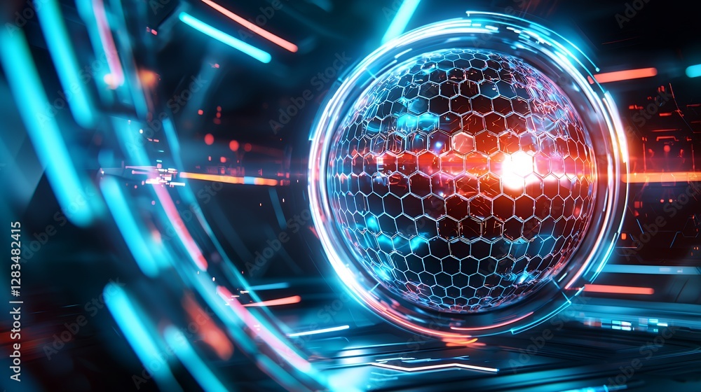 Poster abstract glowing sphere with geometric patterns and neon lights in futuristic tunnel