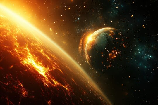 Cosmic landscape featuring a fiery planet and a distant earth-like world in space