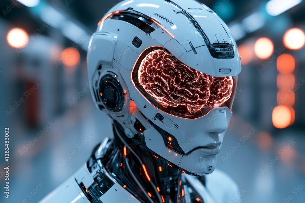 Poster futuristic humanoid robot with an illuminated brain in a high-tech laboratory environment