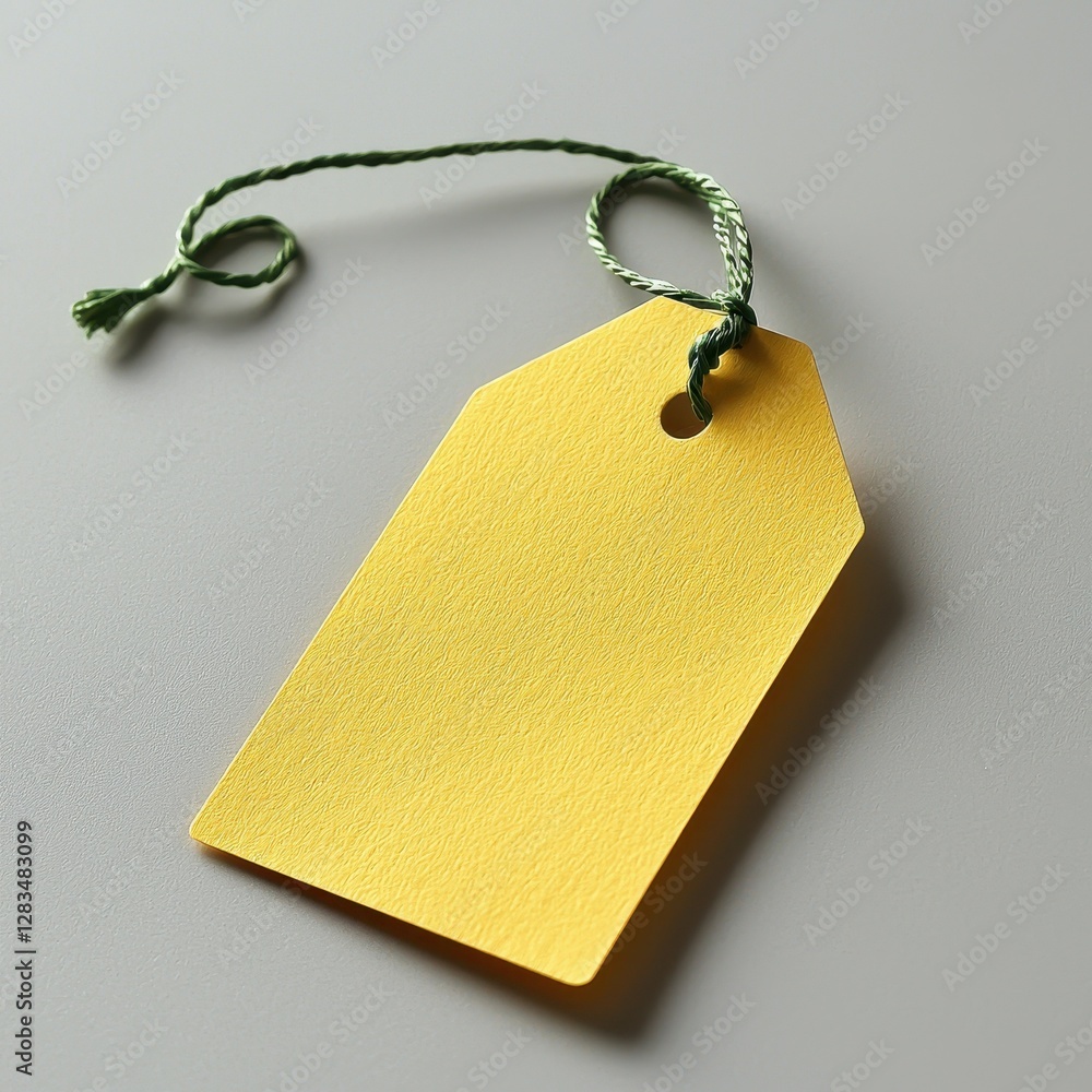 Poster simple yellow tag with green string on gray background for price and information display