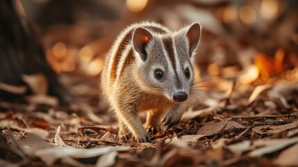 A baby numbat walking through dry eucalyptus woodlands, its striped back blending with the earthy tones