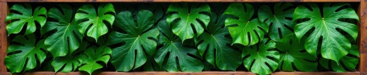 Fototapeta premium Exotic tropical leaves with lush green stems in a wooden frame, leaves, frames, natural