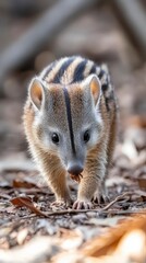 Fototapeta premium A baby numbat walking through dry eucalyptus woodlands, its striped back blending with the earthy tones