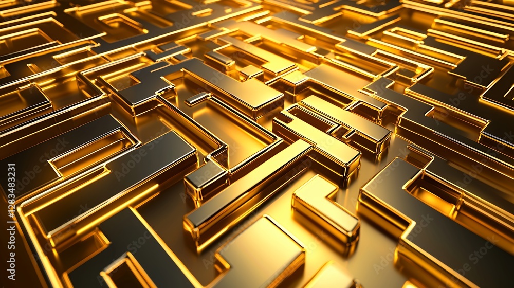 Poster abstract golden maze pattern with geometric metallic texture in digital art