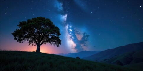 Fototapeta premium Starry night with a lone tree and glowing star trails, atmospheric, glow