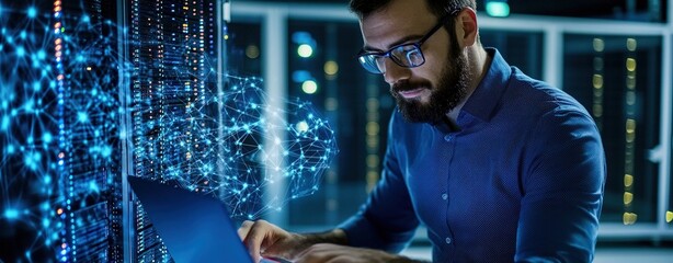 IT specialist working on laptop in server room.