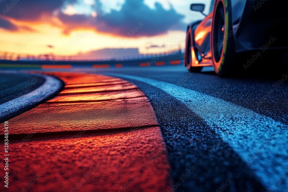 Poster race car navigating a curve at sunset on a professional track with vibrant colors reflecting on the 