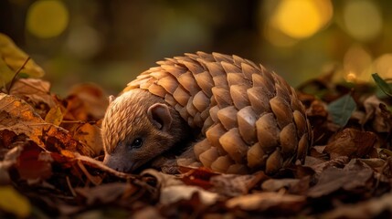 A baby pangolin curled up in a tight ball, its delicate scales reflecting soft ambient light