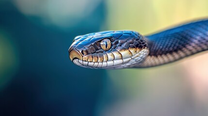 Obraz premium Snake close-up on blurred background showcasing vibrant colors and intricate patterns in wildlife habitat, highlighting natures beauty and biodiversity.