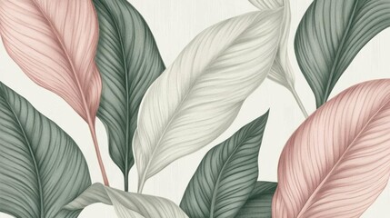 Plant drawing illustration - soft pastel large leaves in pink and green, against an off-white background