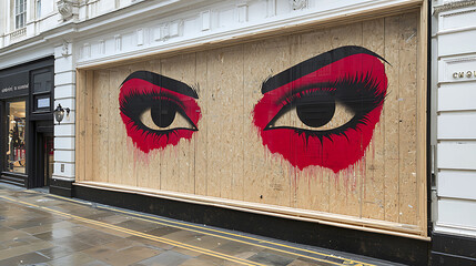 Fototapeta premium Intriguing street art A striking pair of eyes painted on plywood boarding a storefront.