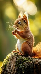 A baby red squirrel holding a tiny nut, sitting on a mossy tree stump in a sunlit forest