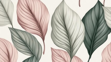 Plant drawing illustration - soft pastel large leaves in pink and green, against an off-white background