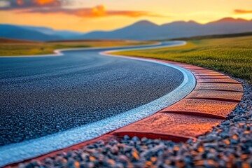 Fototapeta premium Curving road at sunset with mountains in the background creates a serene landscape for travelers and nature lovers