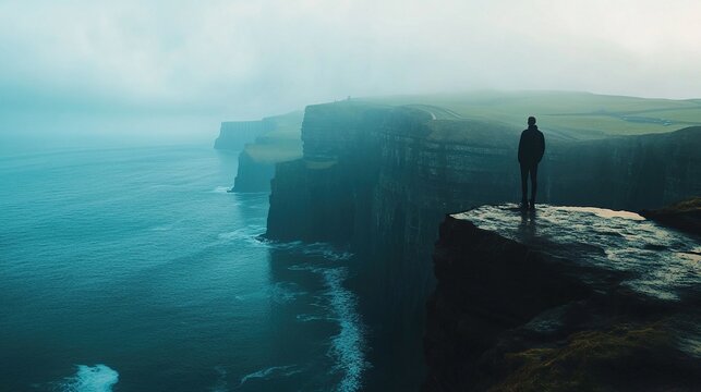 Solitary figure on dramatic coastal cliffs, misty ocean view.