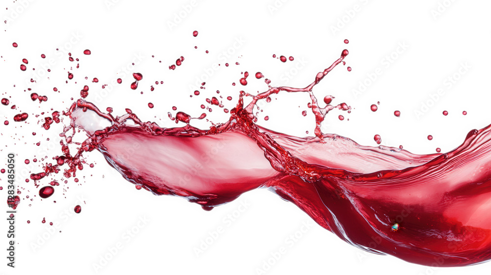 Poster a dynamic splash of red liquid. resembling a wave or flow. with droplets scattering in various direc