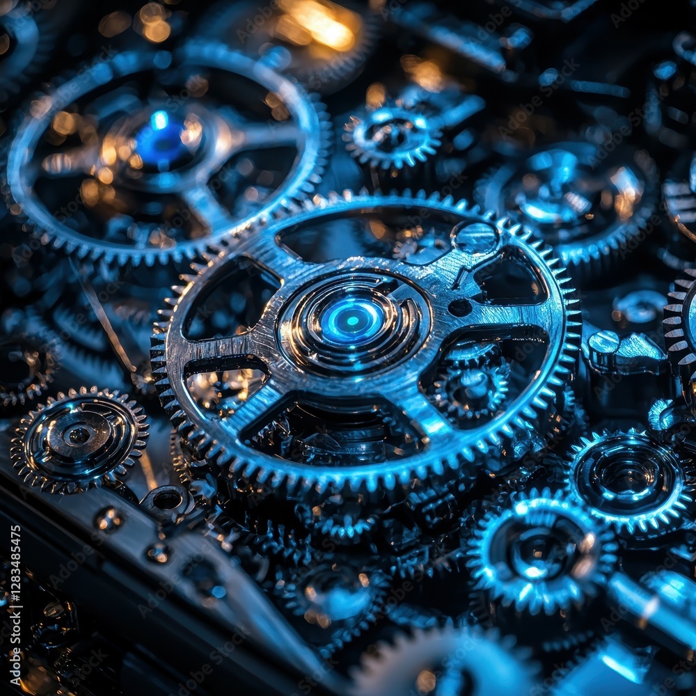 Poster intricate interlocking gears and cogs mechanical engineering marvel complex mechanism detailed view