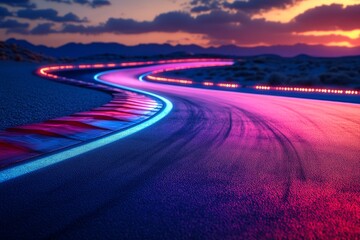 Vibrant night race track curves under a stunning sunset with colorful lights illuminating the road