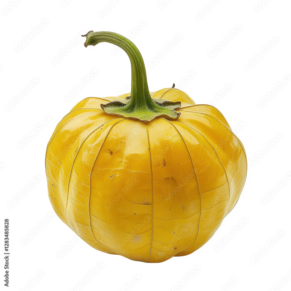 Poster vibrant yellow squash with a rounded shape and a green stem. showcasing its smooth skin and distinct