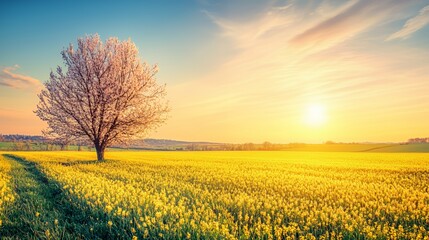 Obraz premium Single Flowering Tree in Vibrant Yellow Field at Sunset