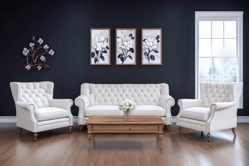 A stunning living room with a bright interior, decorated in calming white and beige hues, is available as stock