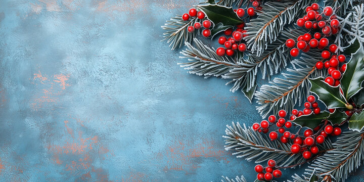 Vibrant red frosty holly berries with icy leaves, and pine branches on a rustic textured blue background, copy space