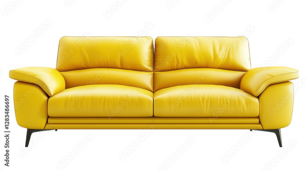 Poster modern. stylish yellow leather sofa with a sleek design. emphasizing comfort and contemporary aesthe