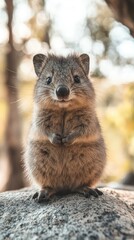Naklejka premium A fluffy baby quokka sitting on a rock, its round face and adorable smile radiating happiness