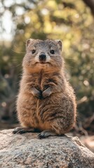 A fluffy baby quokka sitting on a rock, its round face and adorable smile radiating happiness