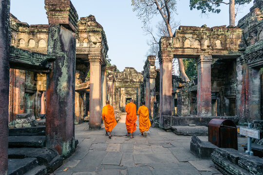 Buddhist monks walking in a temple, Angkor Wat, Cambodia