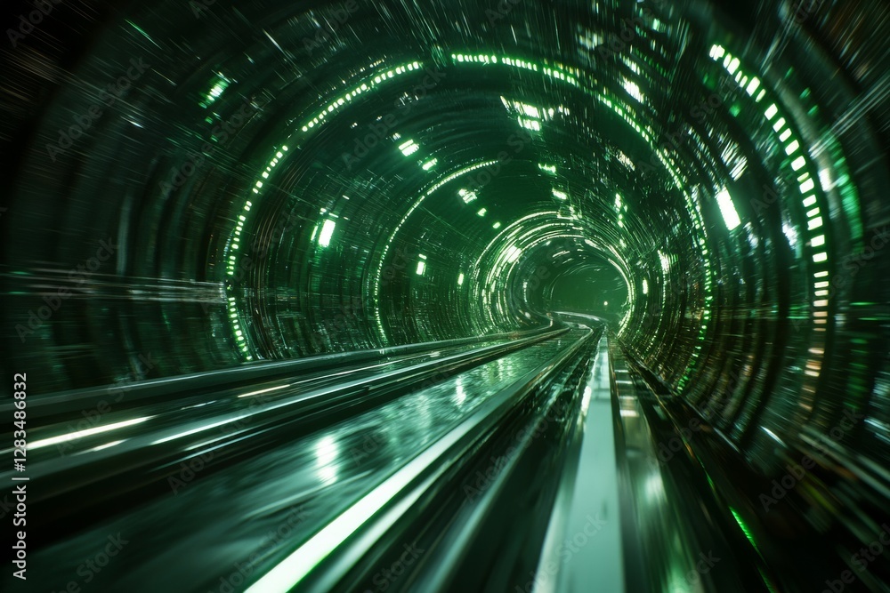 Poster futuristic tunnel illuminated by green lights creating a sense of motion and depth in a high-tech en