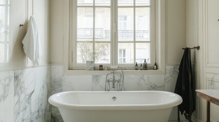 A bathtub in a marble-tiled bathroom, enclosed by a transparent glass panel for an open-concept feel.