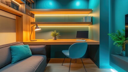 A beautiful home office nook next to a sofa, featuring a wooden desk, a comfy chair, and soft lighting.