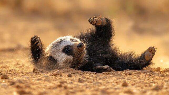A playful baby honey badger rolling in the dusty savanna, its tiny claws digging into the dry earth