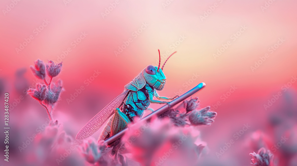 Poster grasshopper's tech - a summer meadow bug on a mobile device, communication concept
