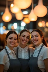 Fototapeta premium Three young female waitstaff smiling together in a cozy restaurant with warm lighting creating a welcoming atmosphere and showcasing teamwork in hospitality.