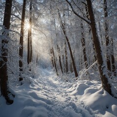 Winter forest with fluffy snow and soft warm sunlight, creating a peaceful and cozy atmosphere.A snow-covered road winding through a dense, snow-laden forest, offering a tranquil and remote winter 