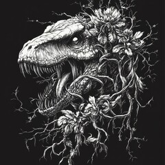 Fototapeta premium Tyrannosaurus Rex with Floral Crown Skull Fossil Art Black and White Illustration Deadly Jurassic Predator