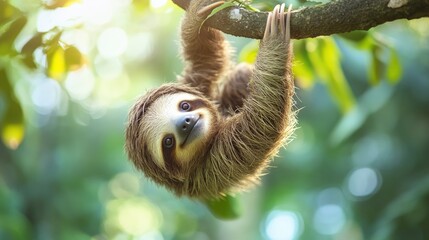 Fototapeta premium A small baby sloth hanging upside down from a tree branch, its tiny claws gripping the bark