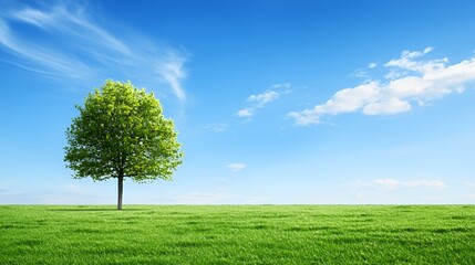 Obraz premium Single Tree in a Green Field Under a Bright Blue Sky