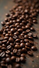 Obraz premium Freshly ground espresso beans on worn leather table top, leather, vintage