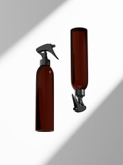 Obraz premium elegant cylindrical Trigger spray bottle mockup, tall PET plastic sprayer packaging, liquid water mist dispenser pump mockup, brown amber glass containers isolate on clean backgrond mockup