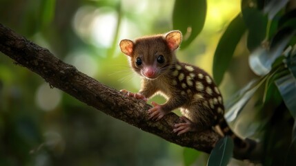 Naklejka premium A tiny baby quoll climbing a branch, its spotted coat contrasting beautifully with jungle background