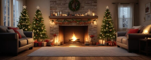 Obraz premium A cozy living room with a crackling fireplace and decorated Christmas tree, christmas tree, winter wonderland , warm lighting