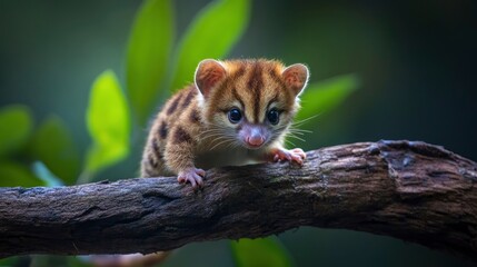 A tiny baby quoll climbing a branch, its spotted coat contrasting beautifully with jungle background