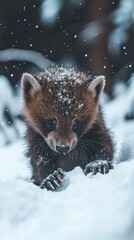 A tiny baby wolverine exploring the snow-covered forest floor, its thick fur dusted with frost