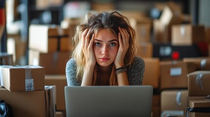 Stressed small business owner facing logistics challenges in warehouse